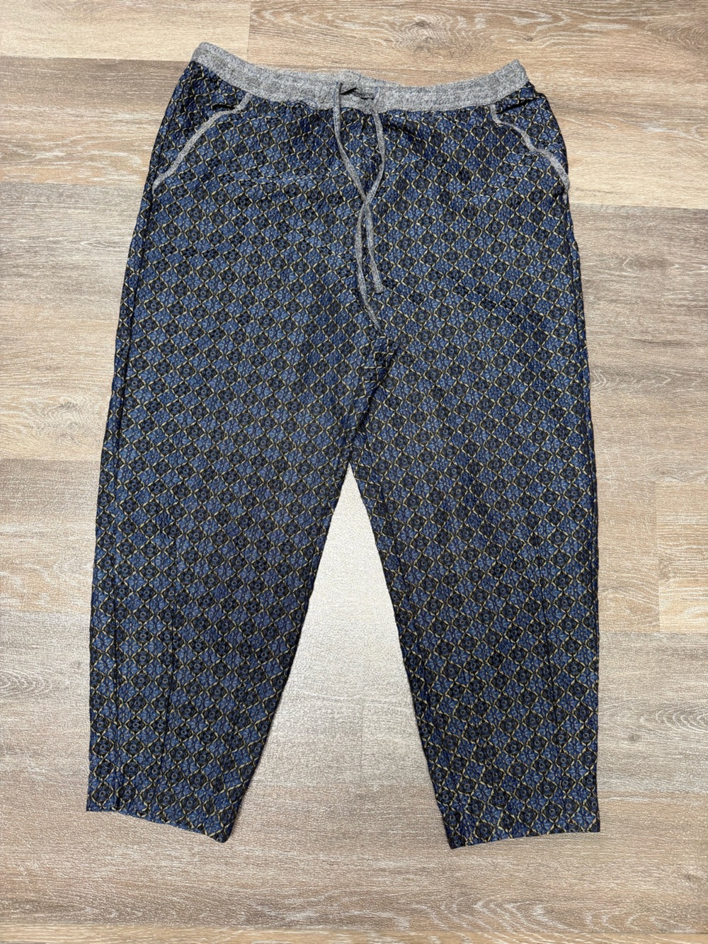 Free People Jacquard Printed Cropped Drawstring Pants Blue Gold Size Medium